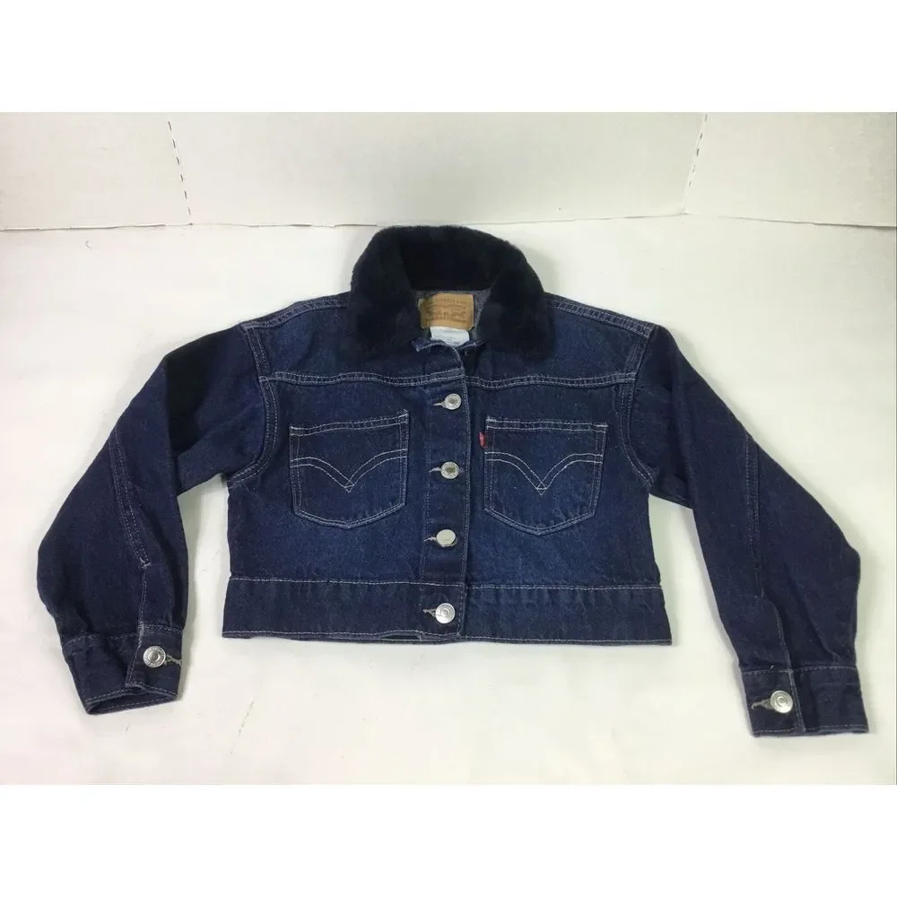 Levi Jacket‎ Child Size SP Blue Denim Collar Blue faux fur Button Kids Chest 30